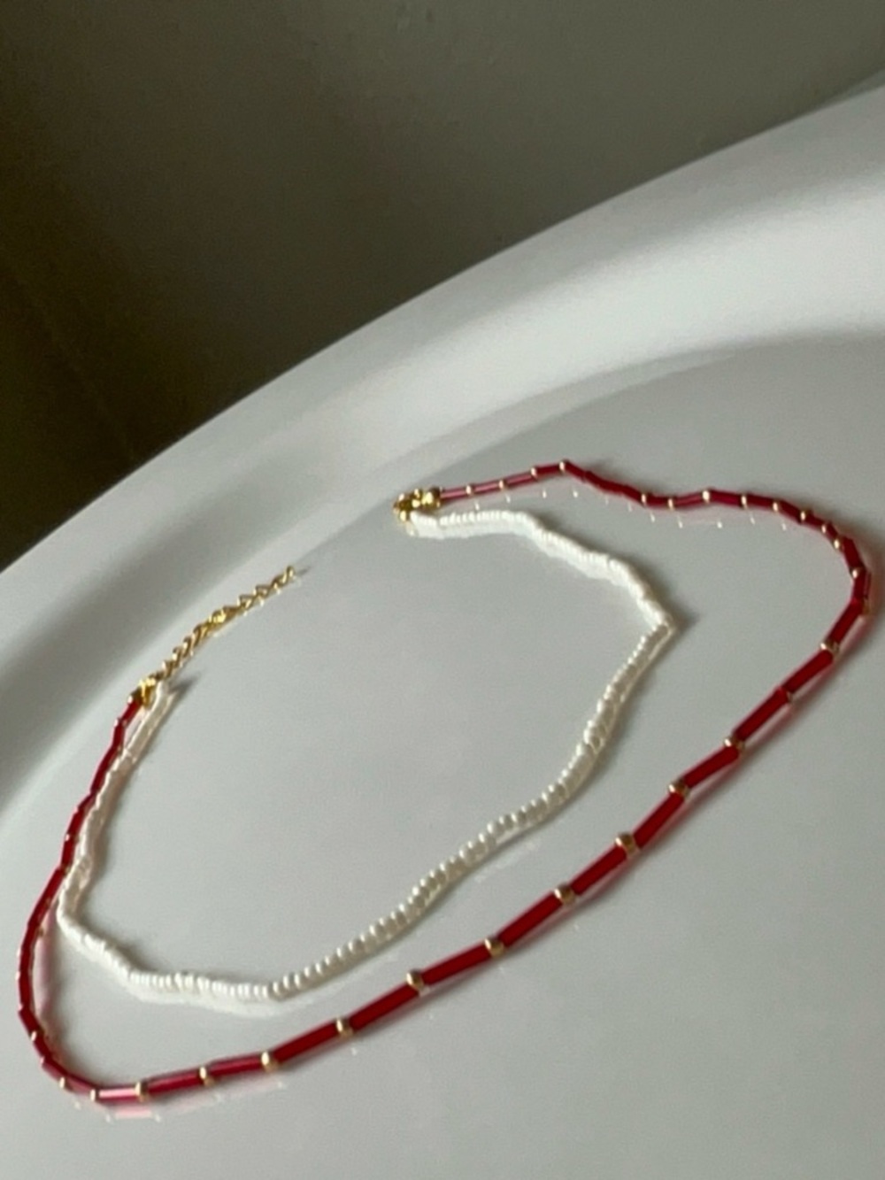 Layered Red and White Beaded Necklace Set